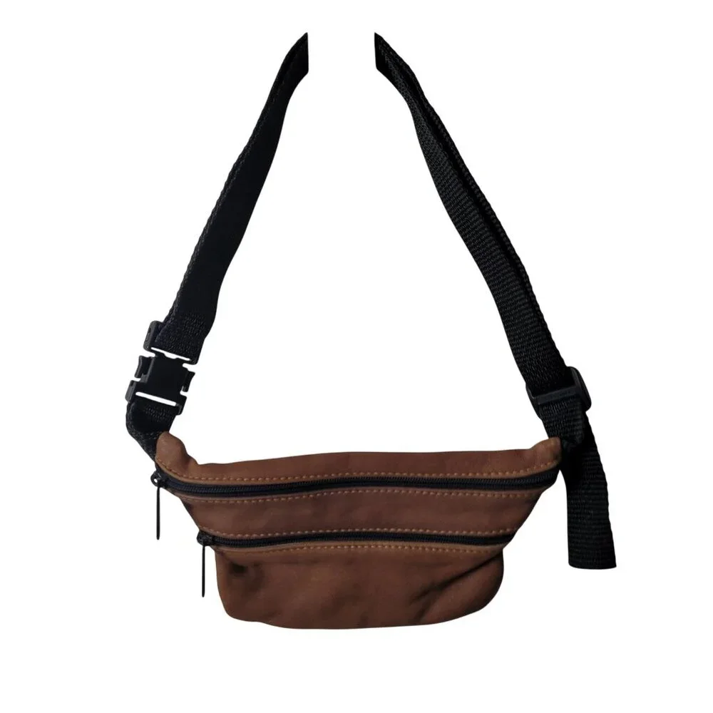AmeriBag Vintage Brown Leather Fanny Pack Adj Black Strap & Dual Zipper Compartm - Picture 2 of 10